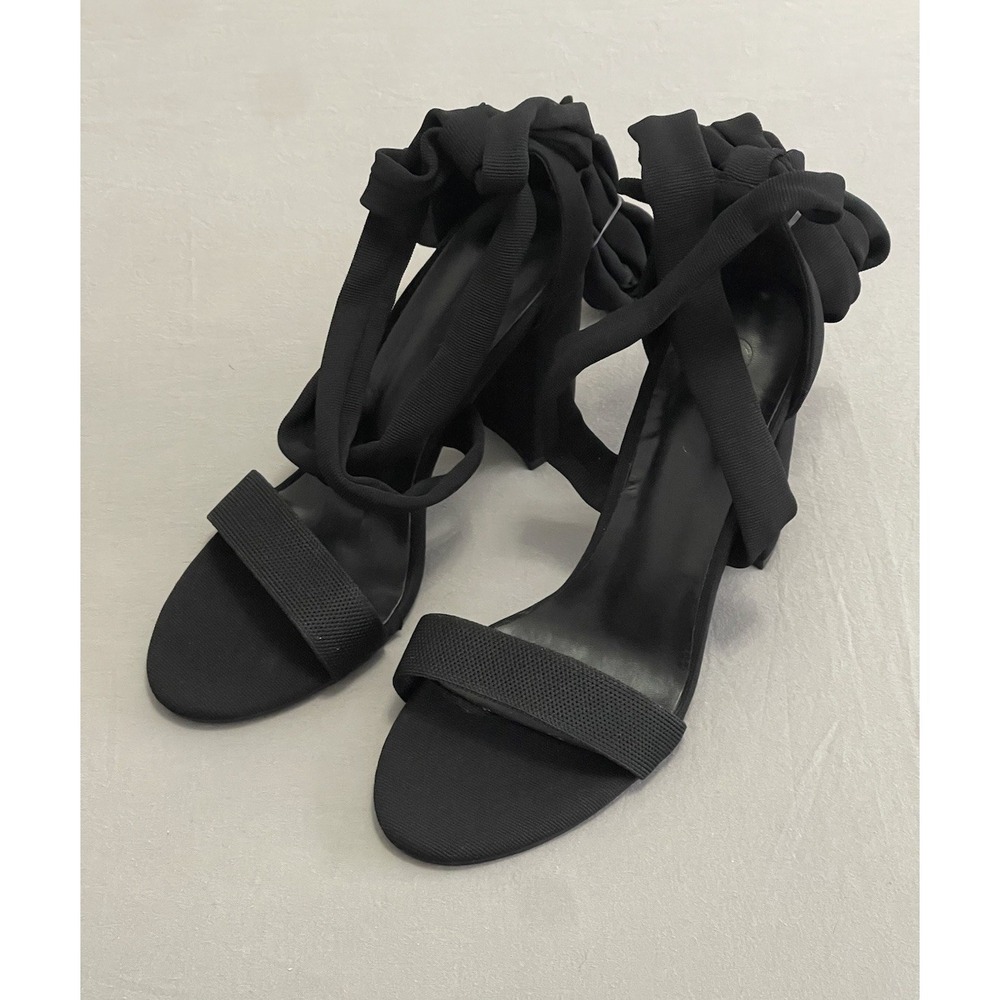 Cuccoo Black Block Heel Ankle Tie Sandals Women Size 39 Open Toe Ribbed Strap